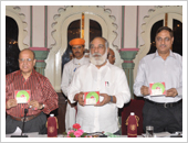 Shriji Arvind Singh Mewar and other dignitaries releasing a documentary film on the Ahar River Eco-restoration Project