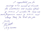 Excerpts from the letter of Mr. K. G. Sharma to Shriji Arvind Singh Mewar Congratulating him and MMCF for the VIII Women Together Institution Award 2012