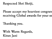 Excerpts from the letter of Kiran Jani to Shriji Arvind Singh Mewar Congratulating him and MMCF for the VIII Women Together Institution Award 2012