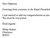 Excerpts from the letter of Mr. Philip Audaer, Chairman, RHCC to Shriji Arvind Singh Mewar Congratulating him and MMCF for the VIII Women Together Institution Award 2012