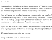 Excerpts from the letter from the team of Narrowcasters to Shriji Arvind Singh Mewar Congratulating him and MMCF for the VIII Women Together Institution Award 2012